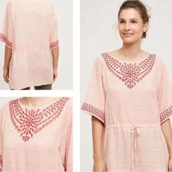 Anthropologie One September Pink Euphemia Eyelet embroidered Peasant Top, sz M - Picture 1 of 12